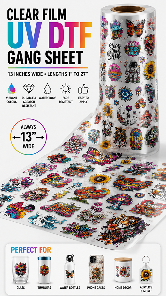 UV DTF Sticker - 13 wide, You Choose the length in inches