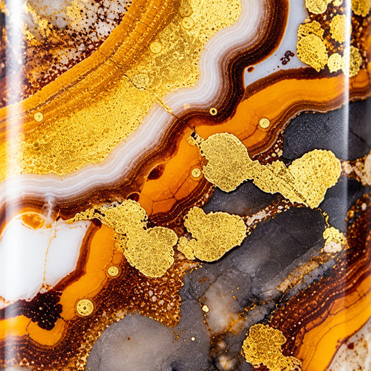 A close-up abstract pattern of agate-like bands in amber, gold, brown, white, and dark gray with metallic-looking gold inclusions.