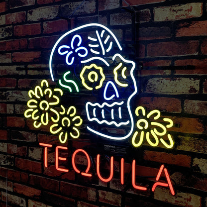 Tequila Lager Skull Bone with Flower Neon Signs Light