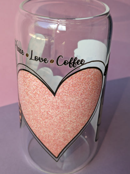 Peace Love Coffee 16 Ounce Libby Glass Can for hot or cold drinks