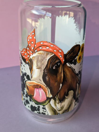 Cow and sunflowers 16 Ounce Libby Glass Can for hot or cold drinks