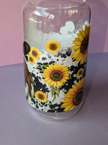 Cow and sunflowers 16 Ounce Libby Glass Can for hot or cold drinks