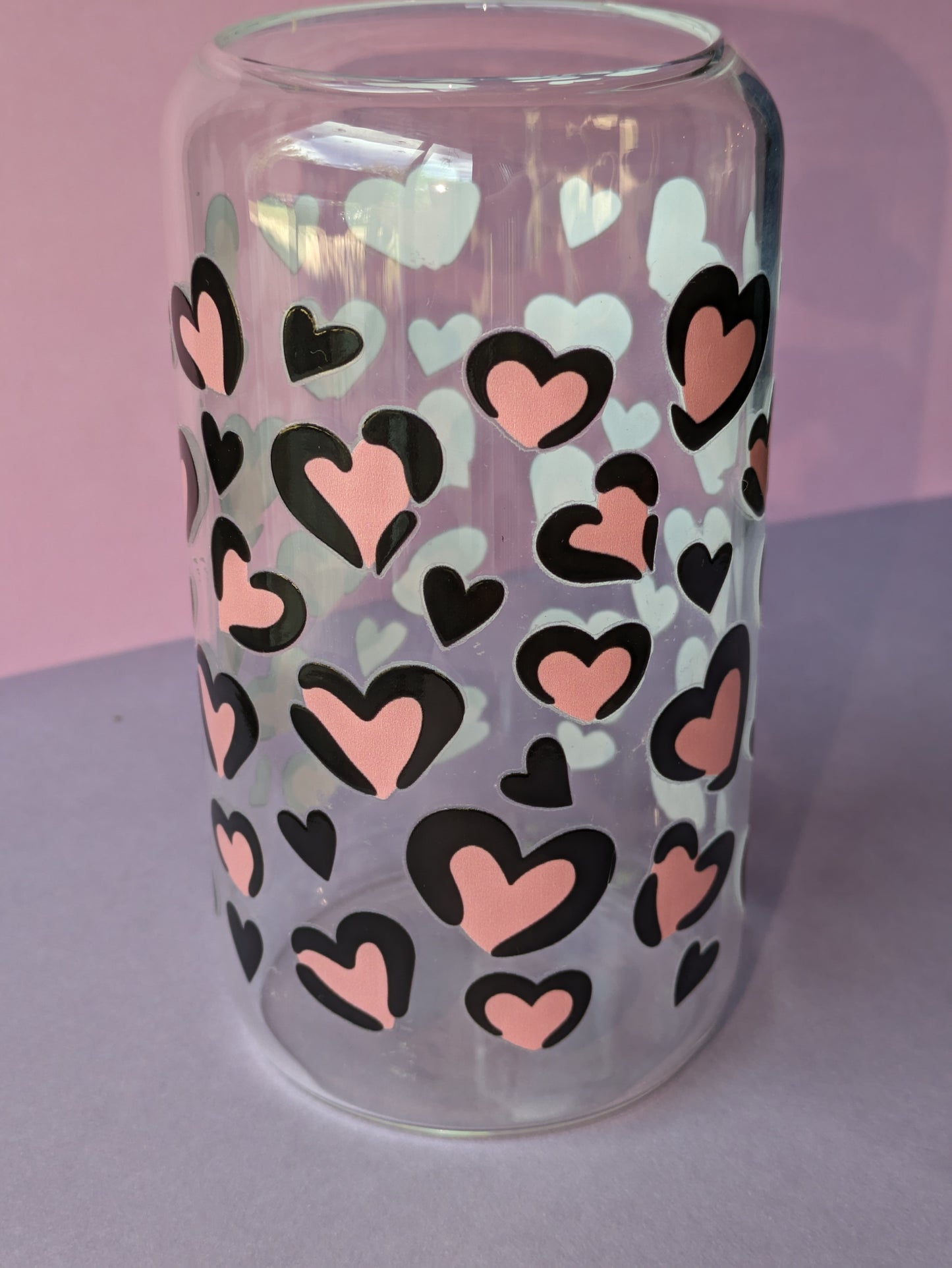 Pink & Black Hearts 16 Ounce Libby Glass Can for hot or cold drinks