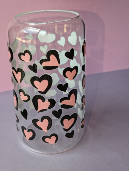 Pink & Black Hearts 16 Ounce Libby Glass Can for hot or cold drinks