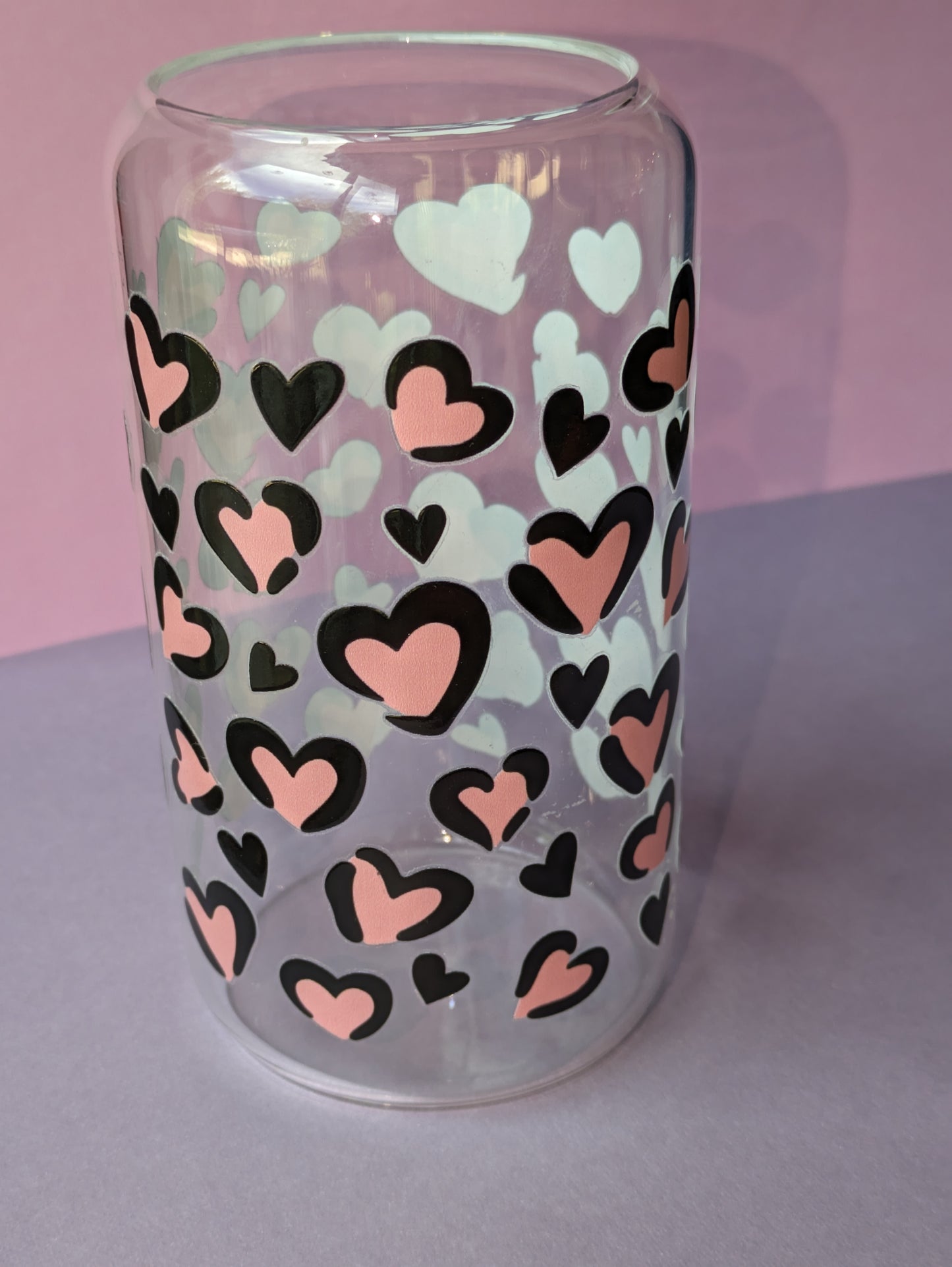 Pink & Black Hearts 16 Ounce Libby Glass Can for hot or cold drinks