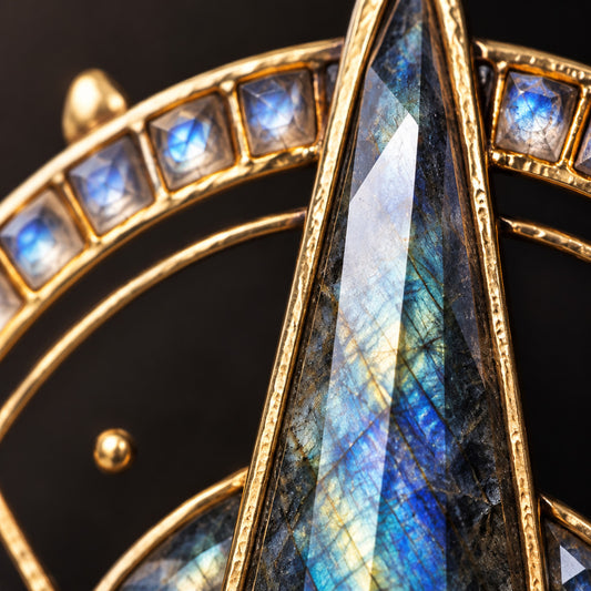 Close-up of a gold-toned jewelry piece featuring a large iridescent labradorite stone with blue, green, and gold flashes, surrounded by smaller blue stones in square settings against a dark background.
