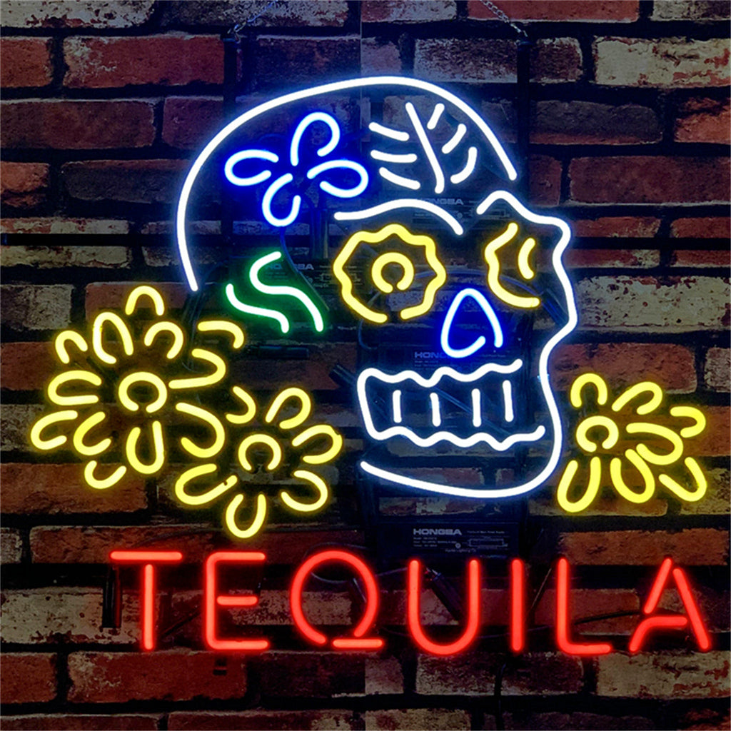 Tequila Lager Skull Bone with Flower Neon Signs Light